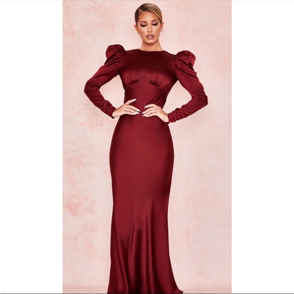HOUSE OF CB Ottillie Sexy Open Back Puff Sleeves
Silky Satin Red Maxi Gown Dress - Picture 10 of 14
